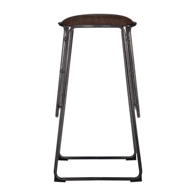 Bar stool with wooden seat and metal frame on a white background