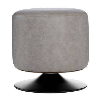 Gray cushioned stool with a black base on a white background