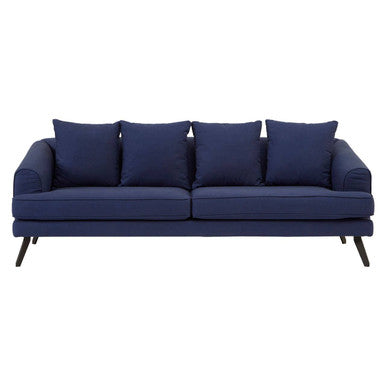 Blue sofa with four cushions on a white background