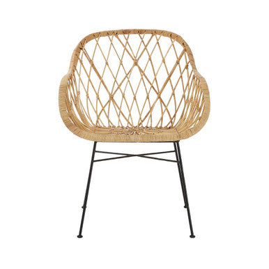 Woven chair with black metal legs on a white background