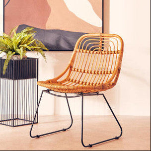 Wicker chair next to a plant in a decorative pot against a abstract wall art background