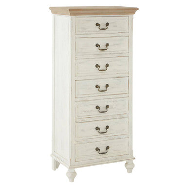 White dresser with wooden top on a white background