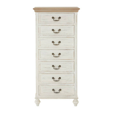 White dresser with wooden top on a white background