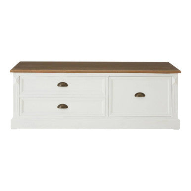 White storage bench with wooden top on a white background