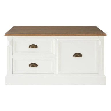 White dresser with wooden top on a white background