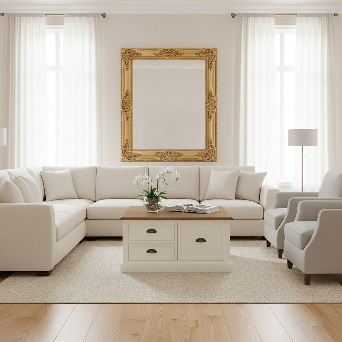 Fir Wood Veneer Top and White Wooden Square Coffee Table with 3 Drawers, Hardwick