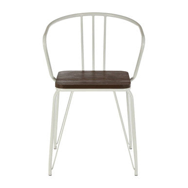 Chair with wooden seat and metal frame on a white background
