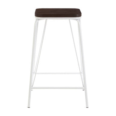 Bar stool with white frame and brown cushioned seat on a white background