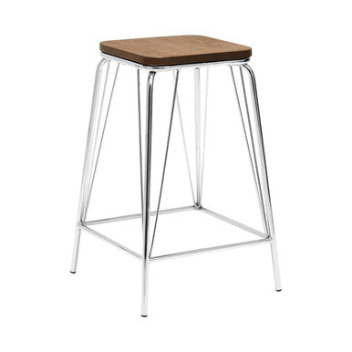 District Chrome Metal Frame And Elm Wood Seat Stool