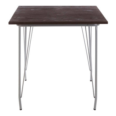 Square table with wooden top and metal legs on a white background