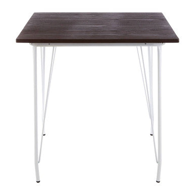Square table with dark wooden top and white metal legs on a white background