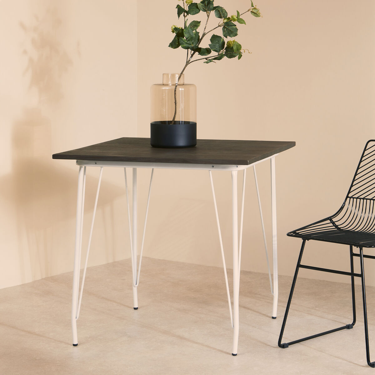 White Metal Legs and Brown Elm Wood Top Square Dining Table, District