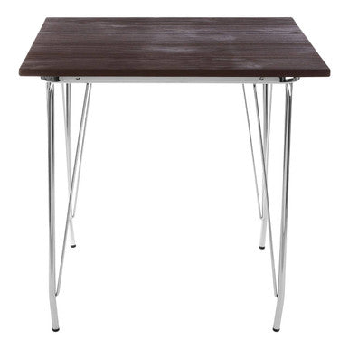 Square table with wooden top and metal legs on a white background
