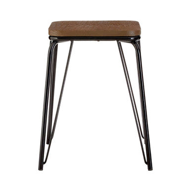 Bar stool with brown seat and black metal legs on a white background