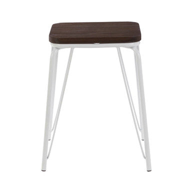 Stool with wooden seat and white metal legs on a white background