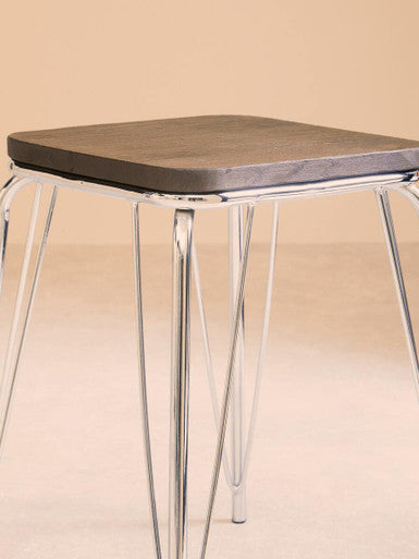 District Chrome Metal And Elm Small Wood Stool