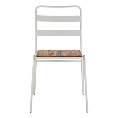 White chair with a wooden seat on a white background