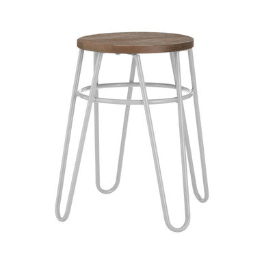 Bar stool with wooden seat and white metal legs on a white background