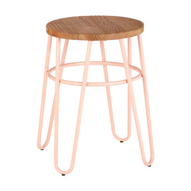 Bar stool with wooden seat and pink metal frame on a white background