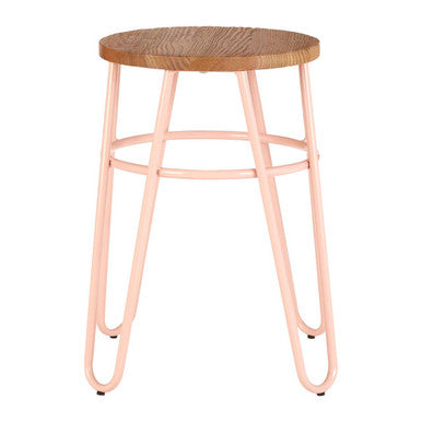 Bar stool with wooden seat and pink metal frame on a white background
