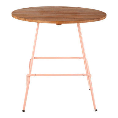 Round wooden table with a pink metal frame on a white background
