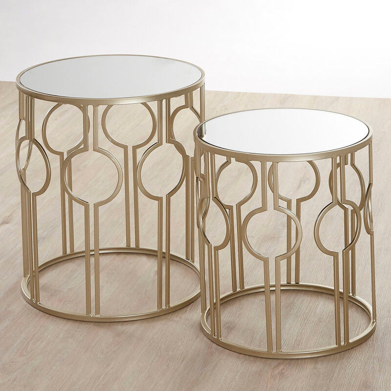 Set of 2 Circle Design Champagne Metallic Base Side Tables with Mirrored Glass Tops, Avantis