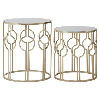 Set of 2 Circle Design Champagne Metallic Base Side Tables with Mirrored Glass Tops, Avantis