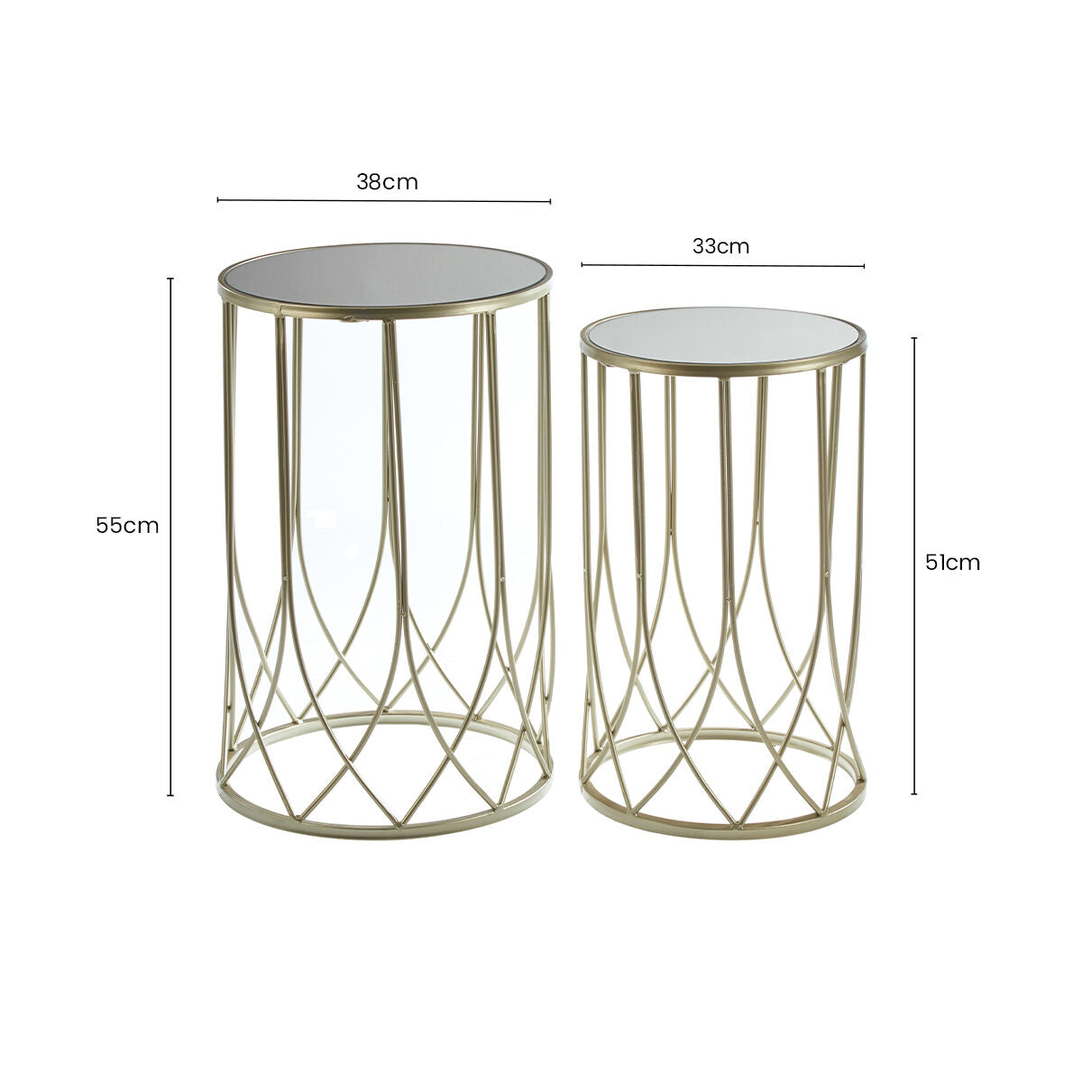 Set of 2 Champagne Gold Mirror Top Side Tables with Metal Bases, Avantis