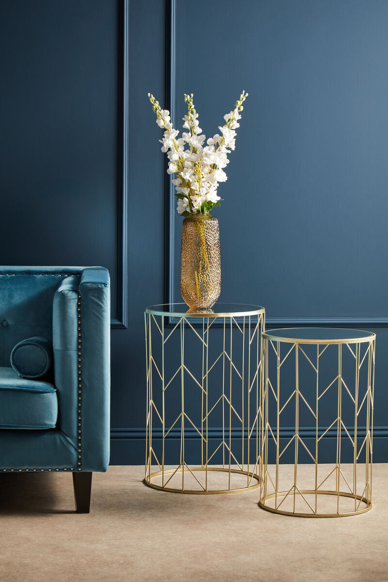 Art Deco Set of Two Champagne Finish Metal Base Side Tables with Reflective Mirrored Tops, Avantis