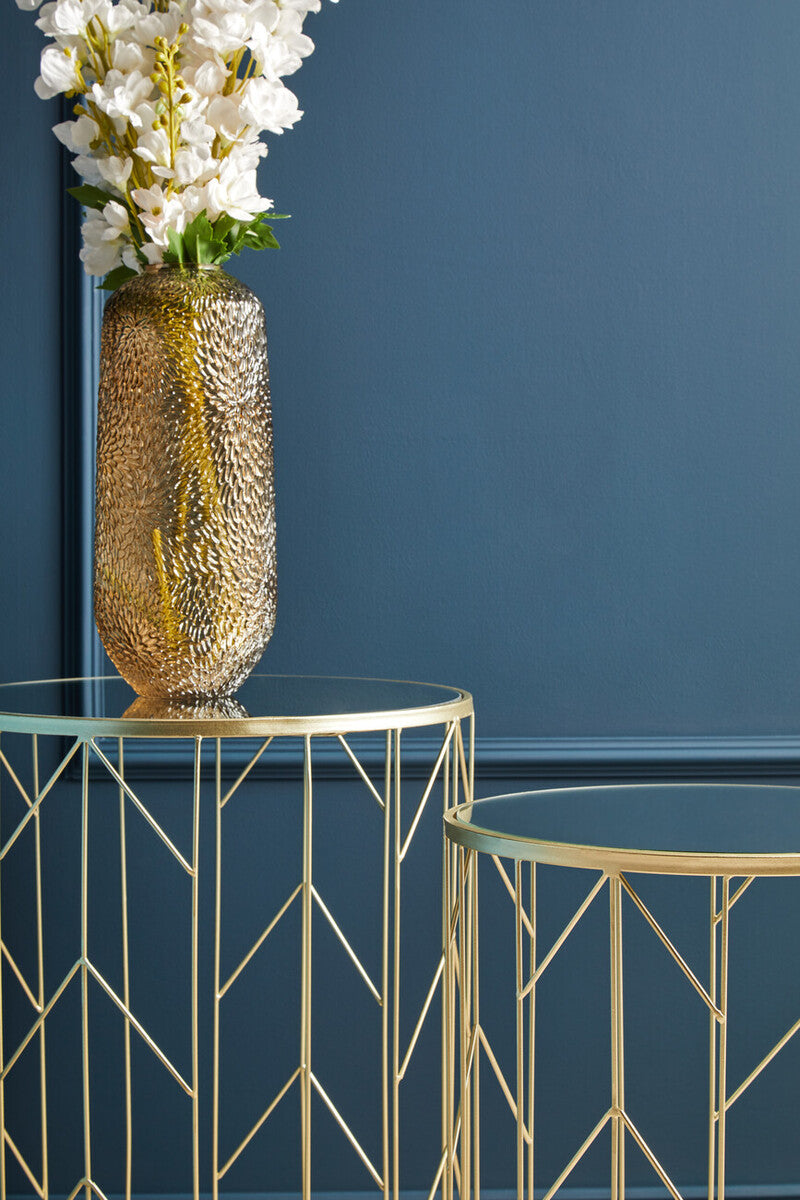 Art Deco Set of Two Champagne Finish Metal Base Side Tables with Reflective Mirrored Tops, Avantis