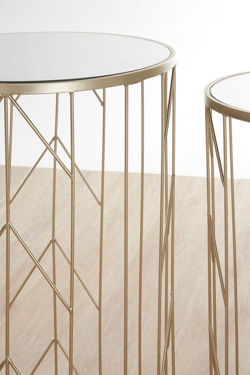 Art Deco Set of Two Champagne Finish Metal Base Side Tables with Reflective Mirrored Tops, Avantis