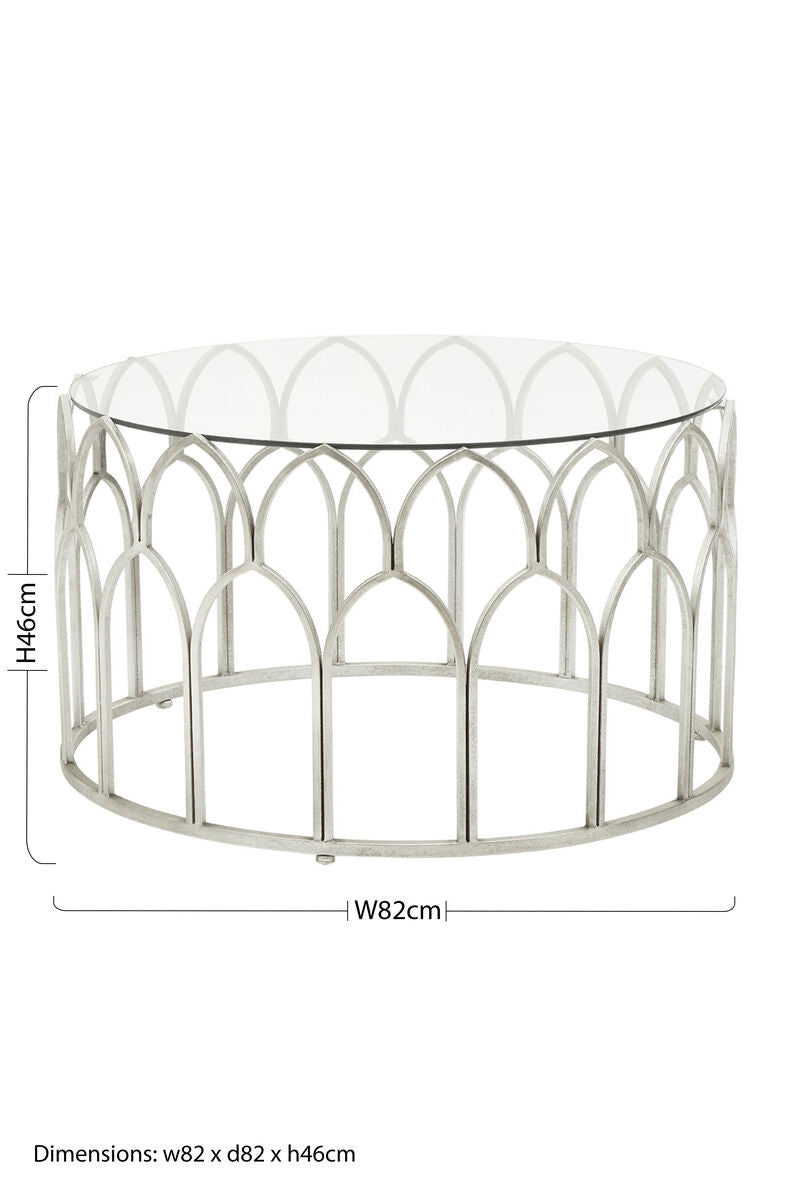 Round Glass Top and Silver Leaf Frame Coffee Table, Merlin