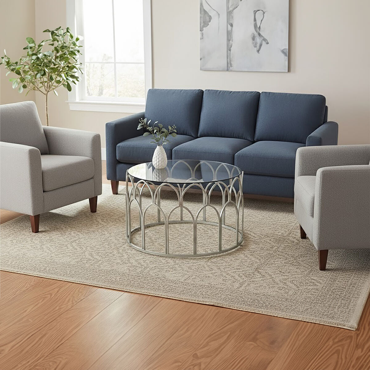 Round Glass Top and Silver Leaf Frame Coffee Table, Merlin