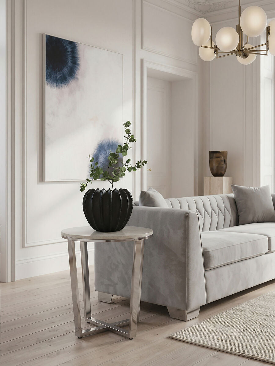Round White Faux Marble End Table with Chrome Lattice Leg Design, Allure