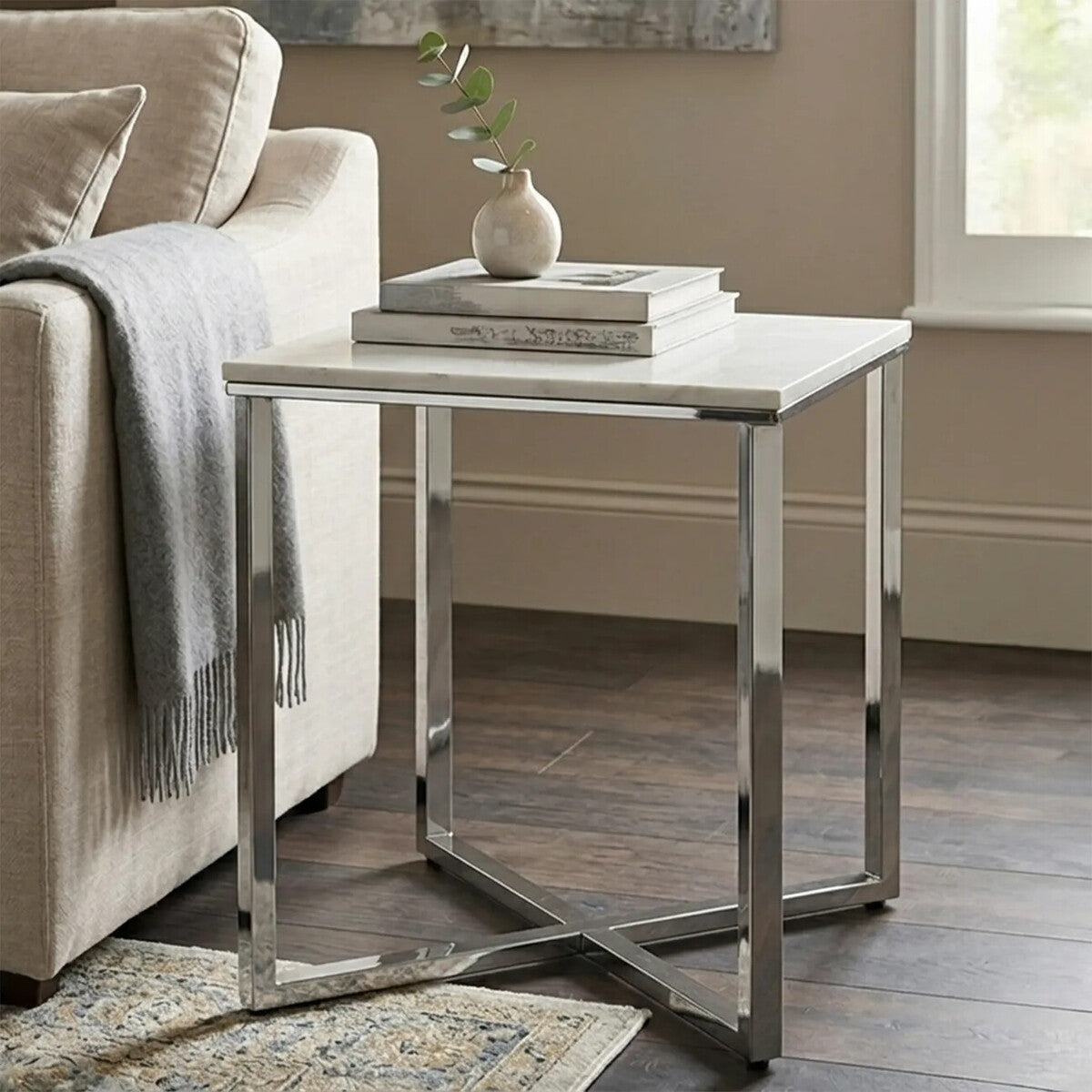 Square White Faux Marble End Table with Silver Chrome Metal Legs, Allure