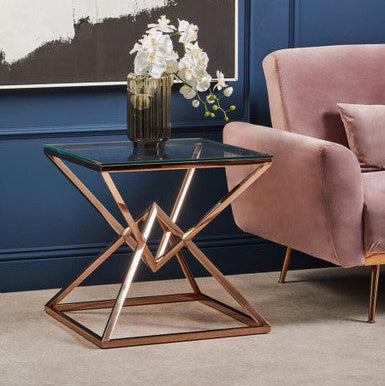 Modern side table with geometric design in a living room setting