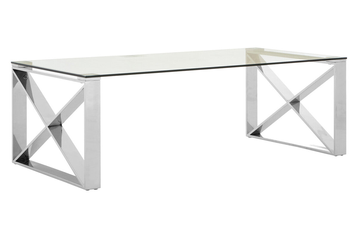Glass table with metal frame on a white background