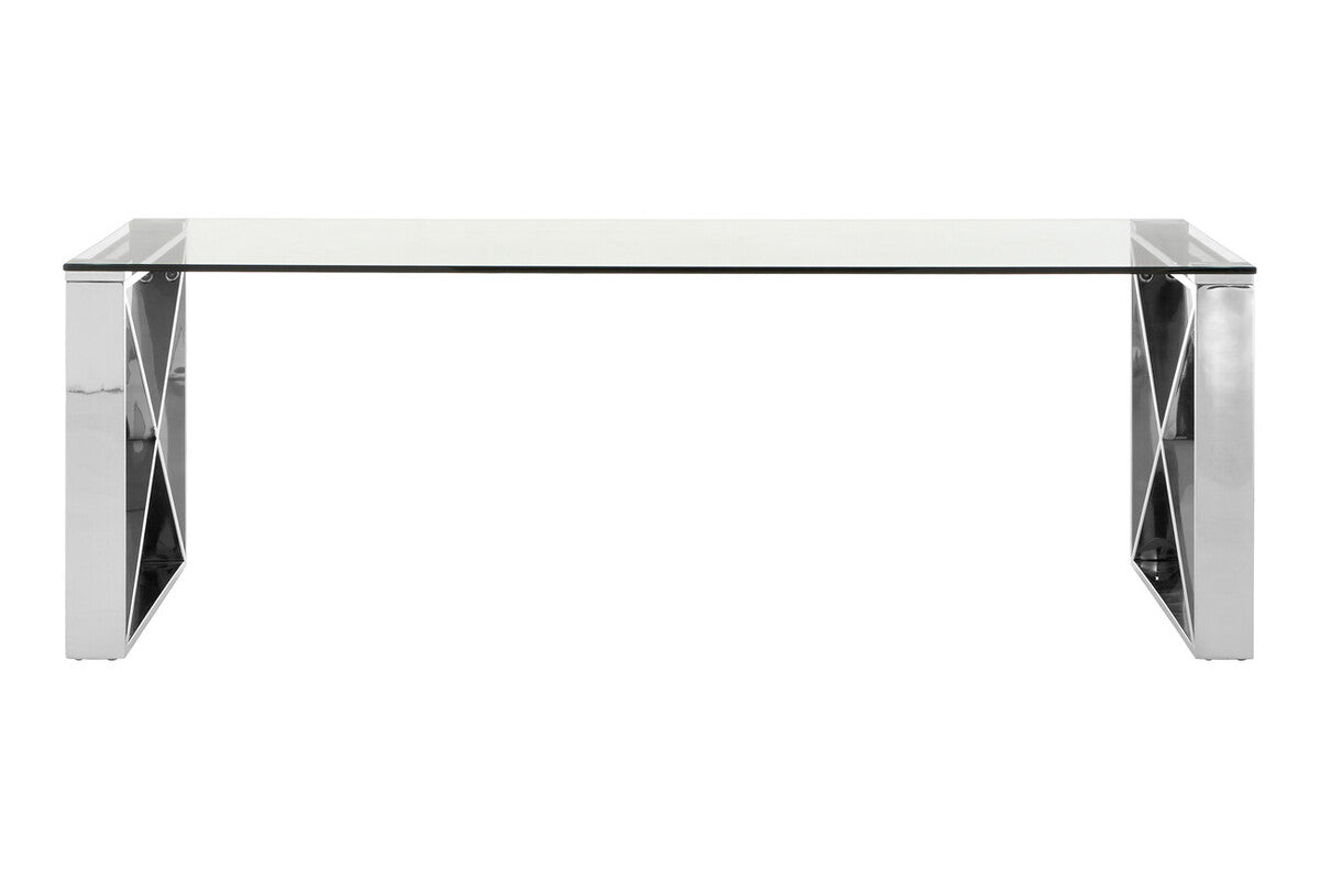 Modern glass desk with chrome frame on a white background