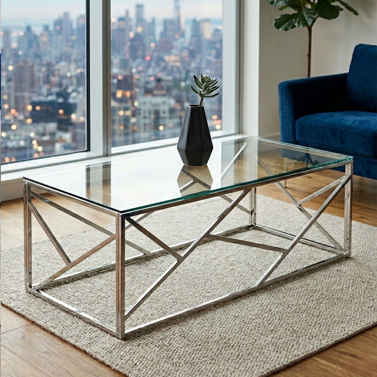 Rectangular Tempered Glass Top Coffee Table with Champagne Gold Geometric Steel Legs, Allure