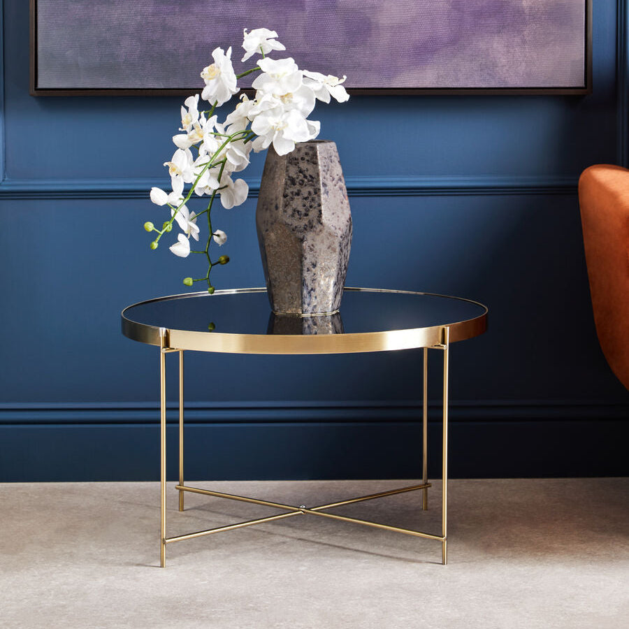 Brushed Bronze Lattice Base Large Side Table with Black Mirror Tabletop, Allure