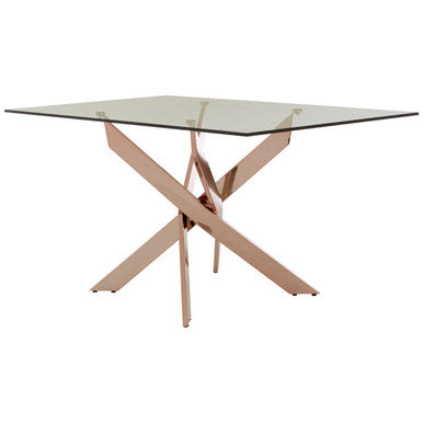 Glass dining table with wooden legs on a white background