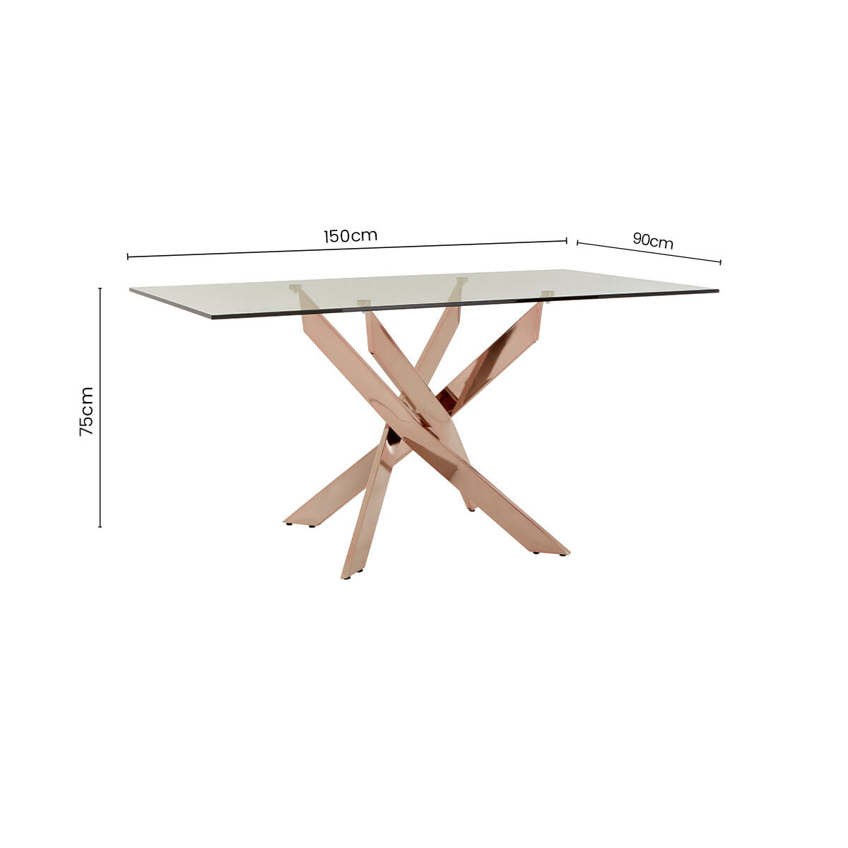 Rectangular Tempered Glass Top Dining Table with Intersecting Rose Gold Stainless Steel Base, Allure