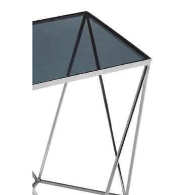 Black Square Tempered Glass Top Prism Side Table with Polished Stainless Steel Base, Shalimar