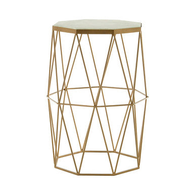 Hexagonal side table with geometric gold frame and white marble top on a white background