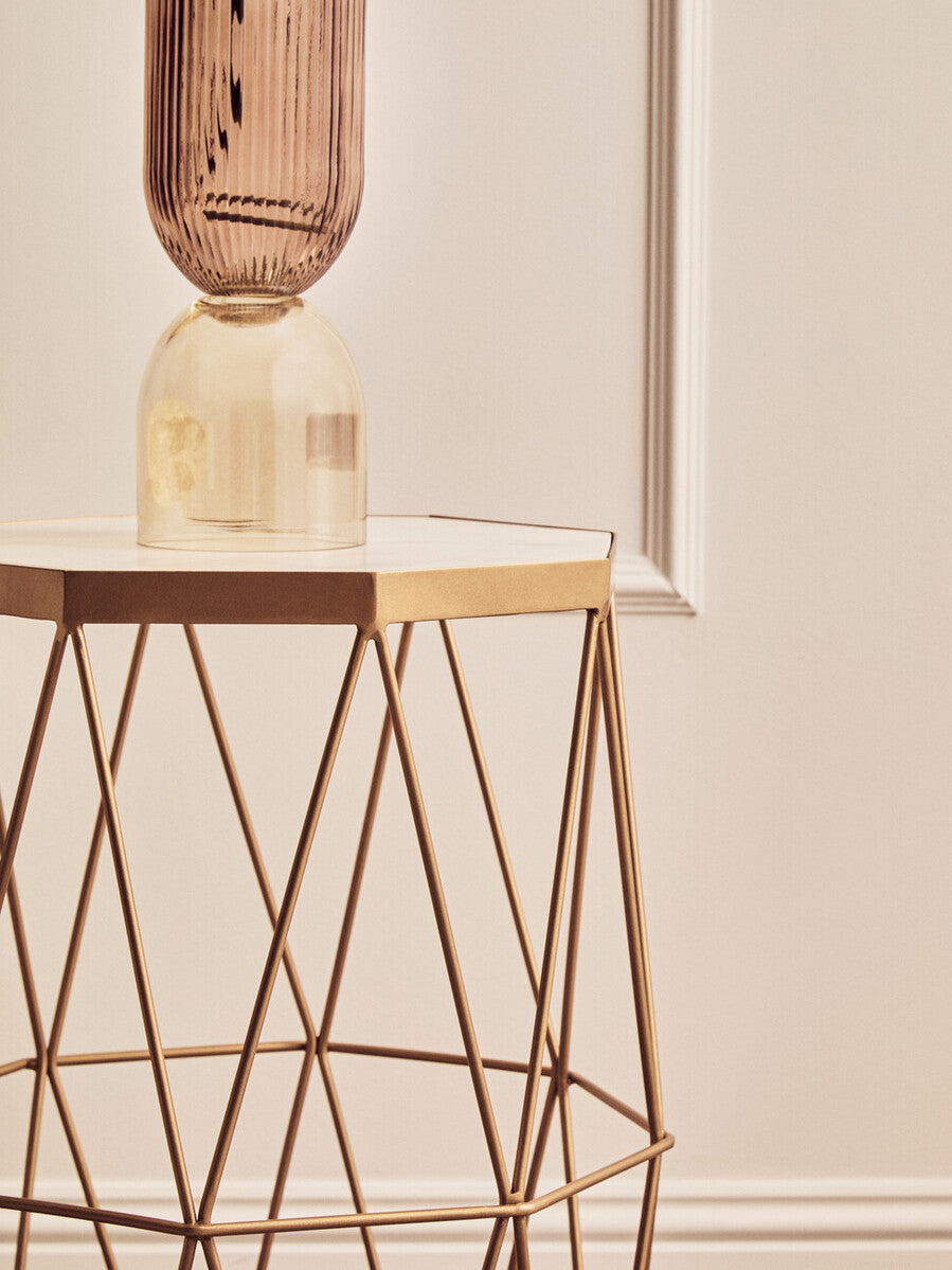 White Marble Top Octagonal Side Table with Gold Metal Open Frame, Shalimar