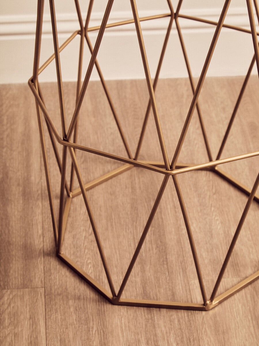 White Marble Top Octagonal Side Table with Gold Metal Open Frame, Shalimar