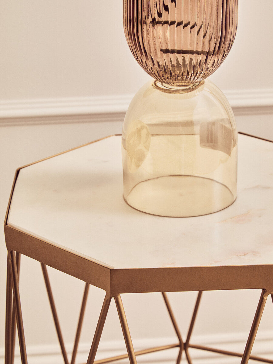 White Marble Top Octagonal Side Table with Gold Metal Open Frame, Shalimar