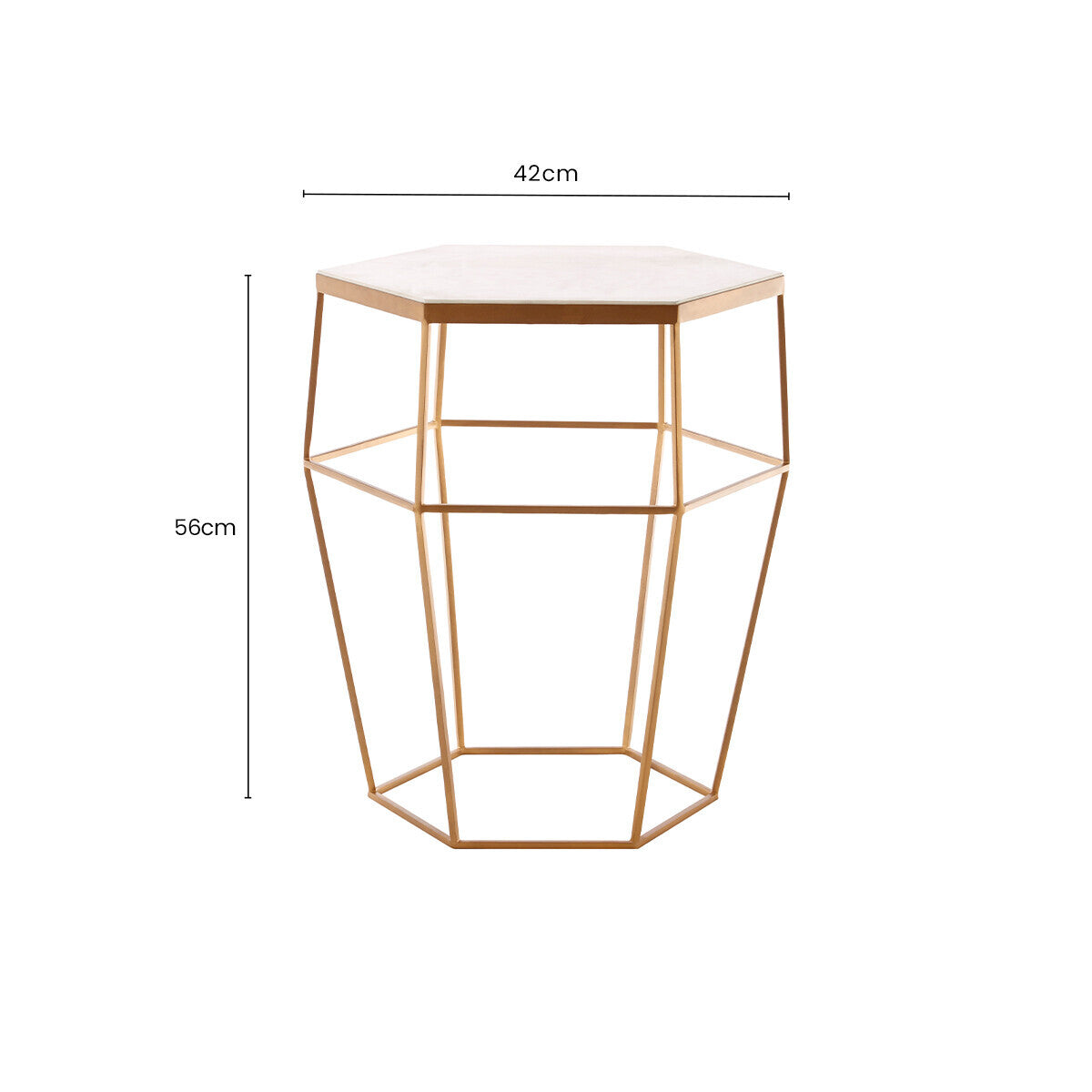 Hexagonal White Marble Top Side Table with Gold Iron Wireframe Base, Shalimar