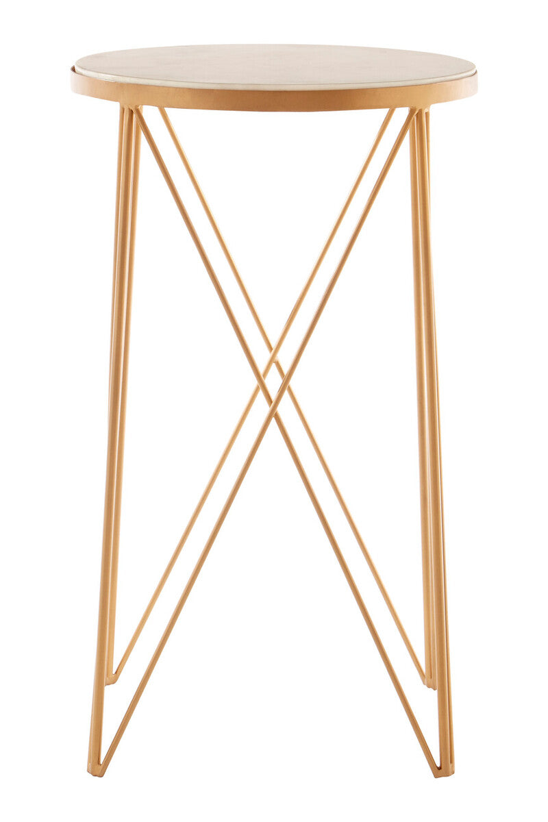 Small round table with a beige marble top and gold metal legs on a white background