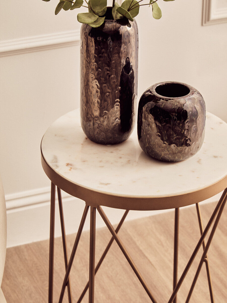 White Round Marble Top Boutique Style Side Table with Gold Latticed Legs, Shalimar